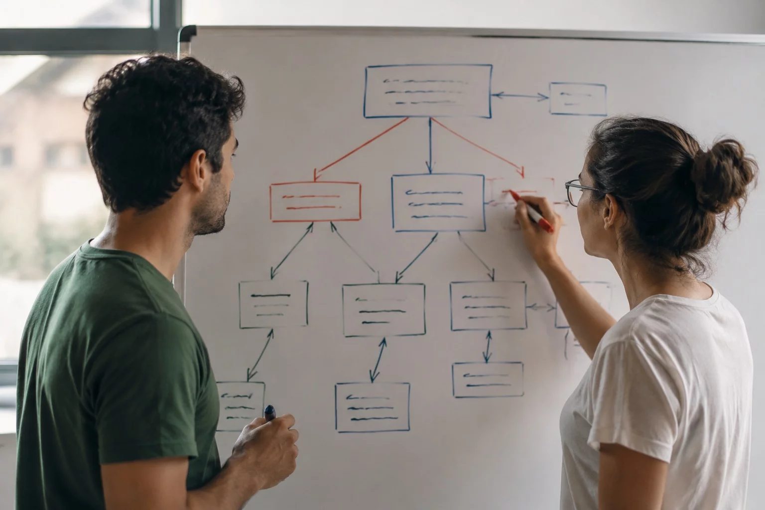 Duas pessoas diante de um quadro branco com um mapa de argumento desenhado à mão