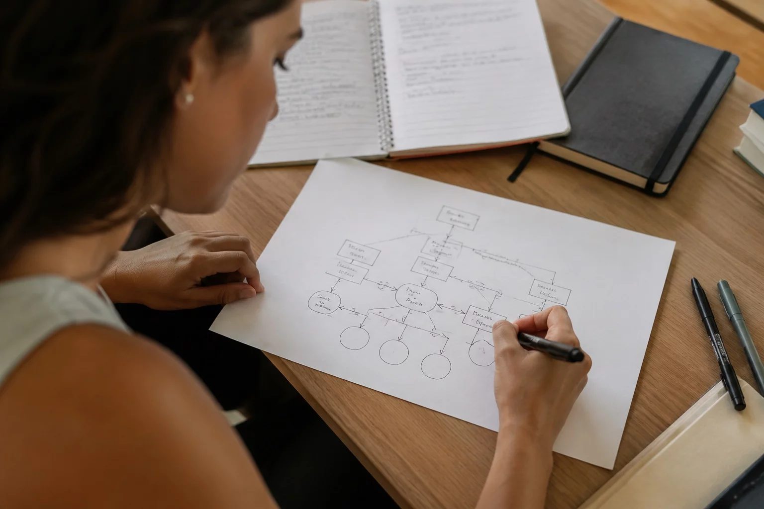 Vista de cima de uma mesa com um diagrama de lógica desenhado à mão