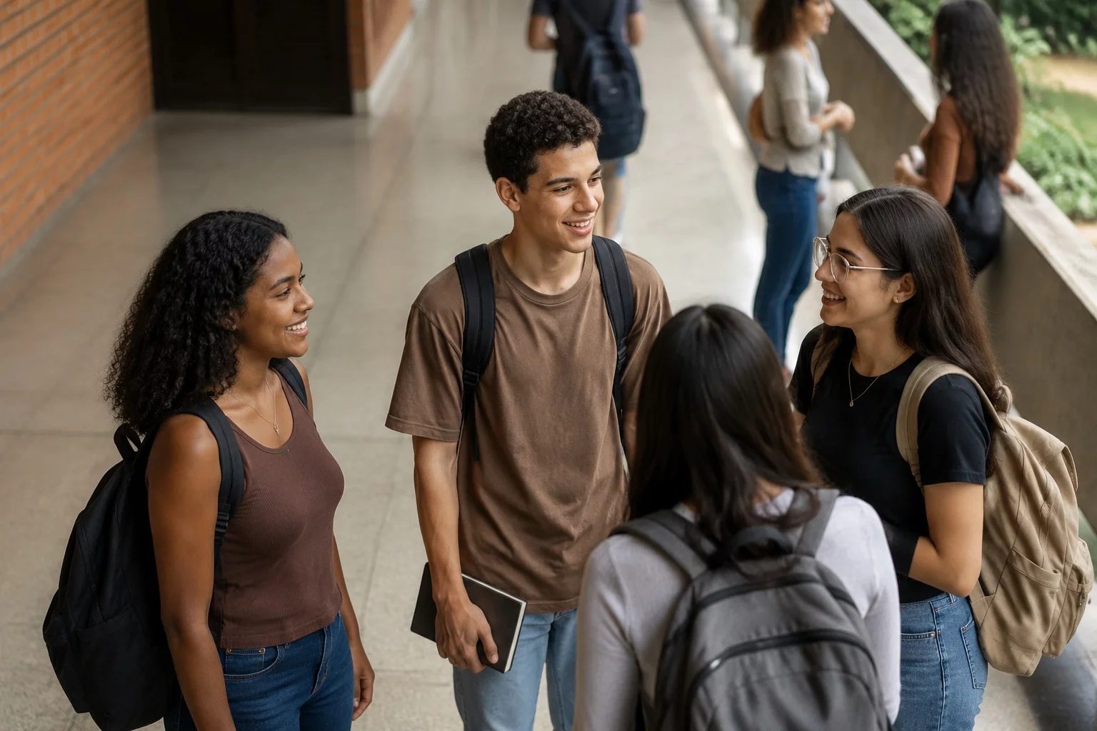 Estudantes com mochilas conversando no corredor de uma universidade