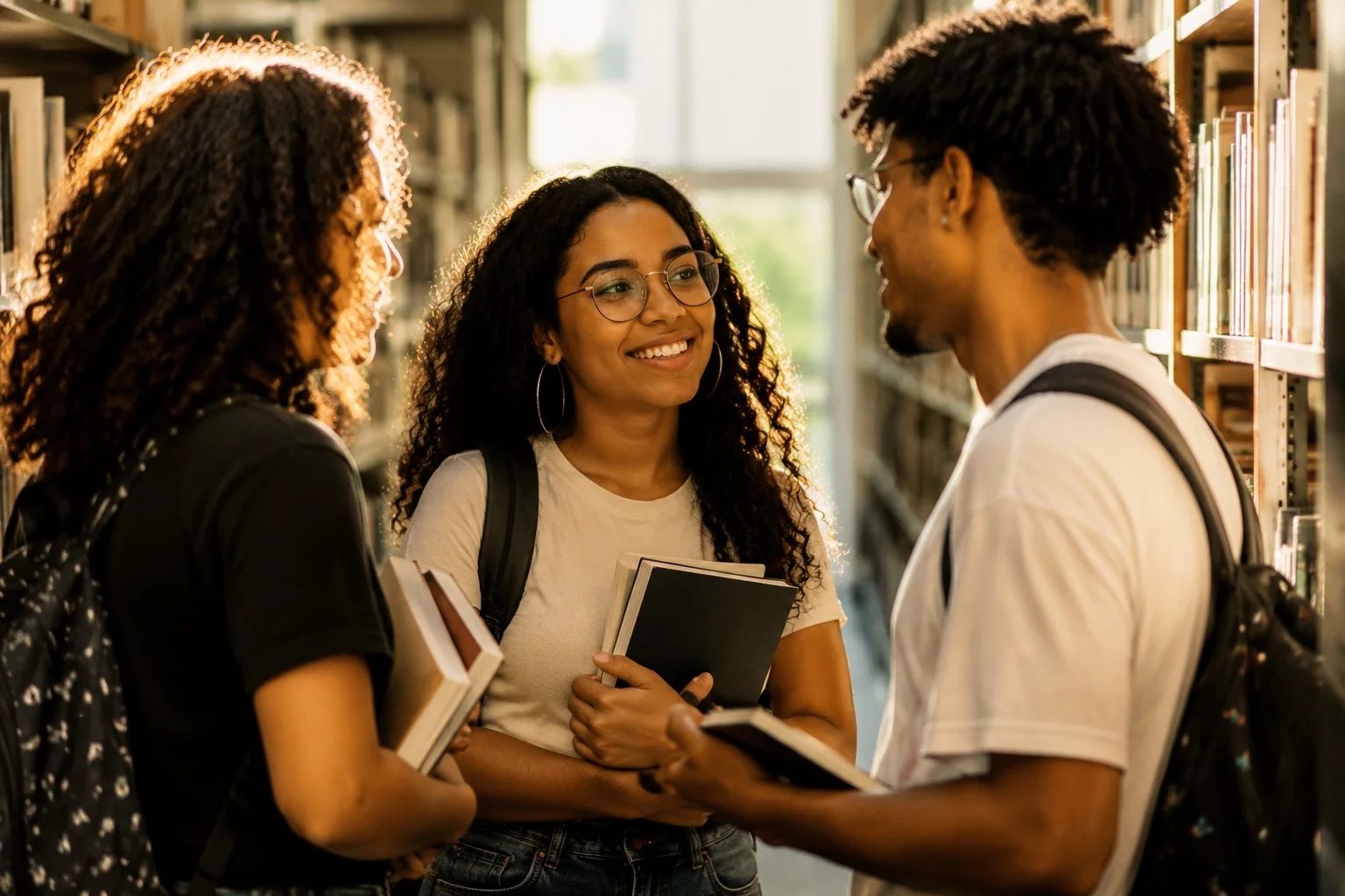 Estudantes conversando em pé entre as estantes de uma biblioteca