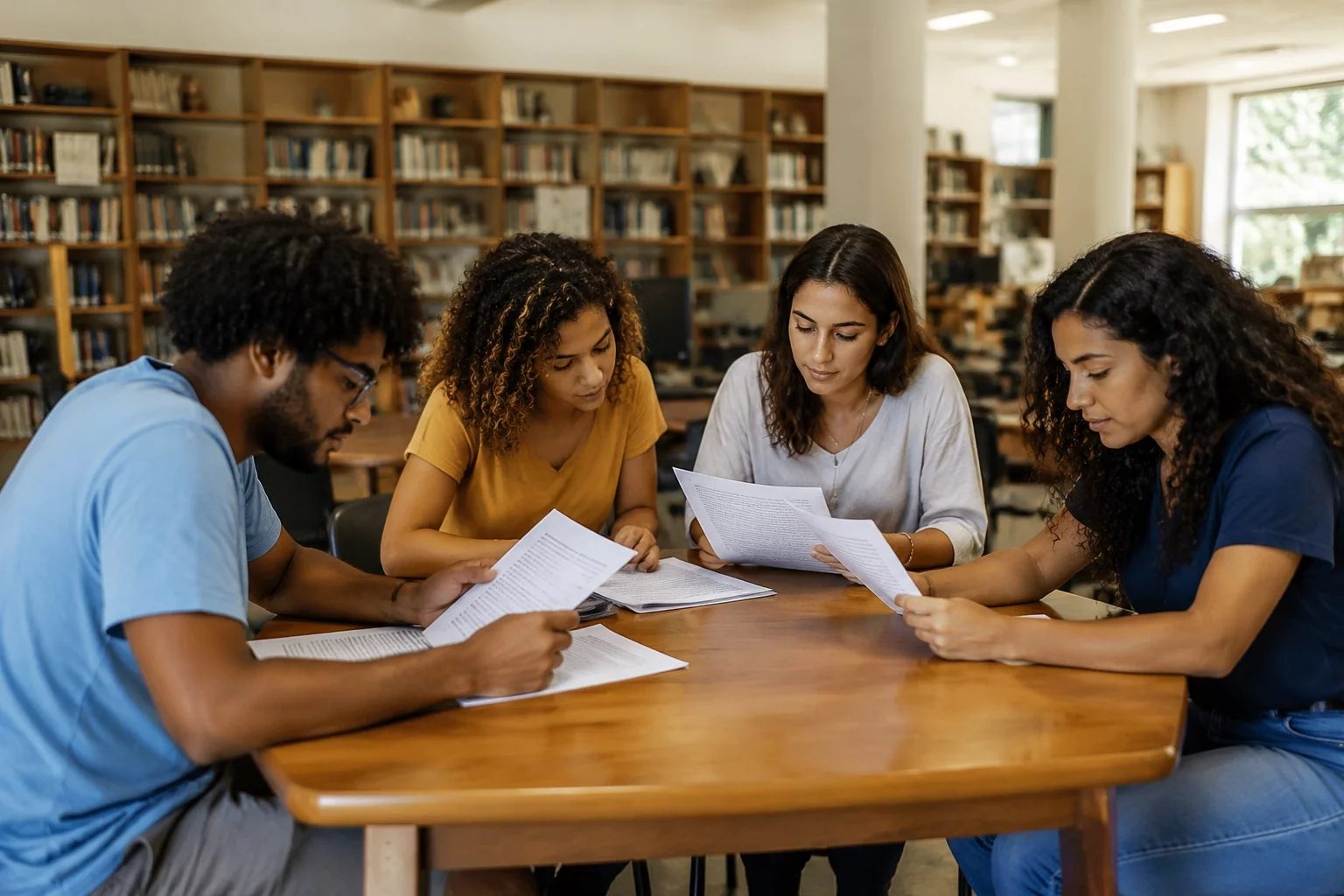Grupo pequeno lendo páginas impressas de argumentos ao redor de uma mesa