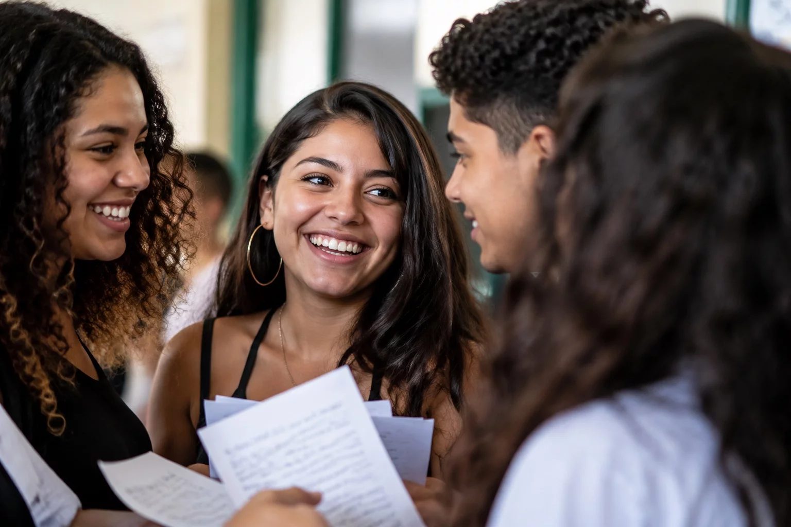 Grupo sorrindo após uma rodada de debate, com papéis nas mãos